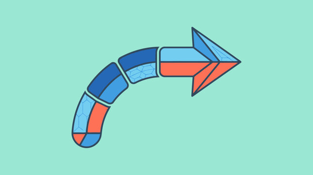 Illustrazione vettoriale di una freccia curva segmentata composta da blocchi colorati in blu e rosso su uno sfondo verde acqua chiaro, ideale per infografiche e design moderno.