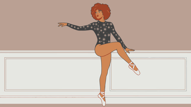 Ilustra&ccedil;&atilde;o vetorial de uma bailarina negra com cabelo afro volumoso, vestindo um collant estampado com estrelas, realizando um movimento de dan&ccedil;a cl&aacute;ssica em um est&uacute;dio minimalista.