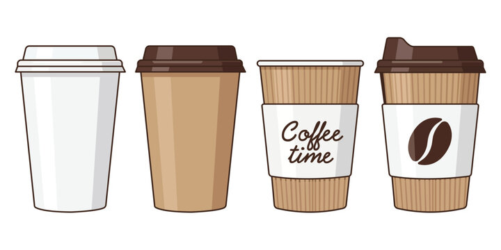 An illustration of four different disposable coffee cups on a white background