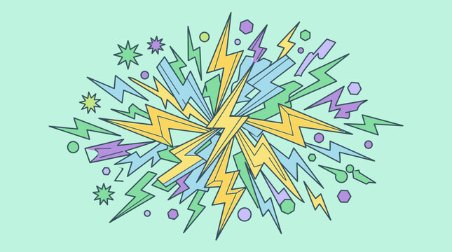 Illustrazione vettoriale astratta con fulmini colorati e forme geometriche su sfondo verde pastello, ideale per design grafici dinamici, poster pop art e decorazioni creative.