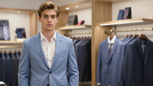 A confident young man in a light blue suit stands in a high-end menswear boutique surrounded by racks of tailored suits and ties.