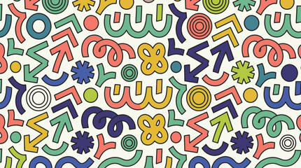Wesoły, kolorowy wzór z abstrakcyjnymi kształtami i symbolami w stylu retro, idealny do projektowania graficznego. © Avrilin