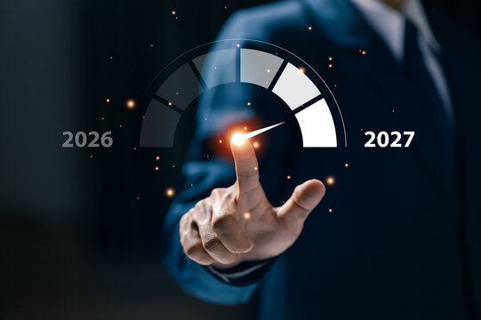 Business performance indicator showing progress toward 2027 goals, symbolizing growth, success, productivity, strategic development, innovation, performance measurement, and future achievement.