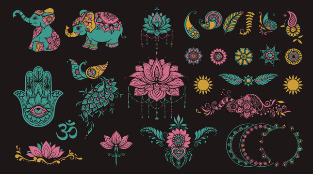 Set di elementi decorativi in stile etnico indiano con elefanti, fiori di loto, simbolo Hamsa, mandala e motivi ornamentali colorati su sfondo nero per design spirituale e yoga