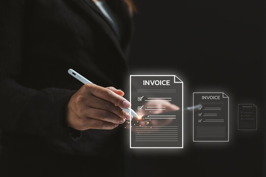Business professional reviewing a digital invoice document with electronic approval, representing online billing, accounting, financial management, paperless workflow, invoicing.