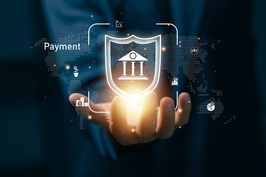 Digital payment security shield protecting financial transactions across global networks, illustrating cybersecurity, banking technology, secure finance, encrypted systems, and trusted online payments