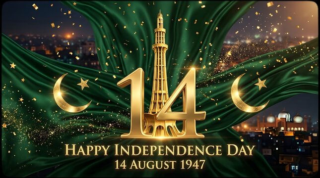Happy independence day pakistan 14 august 1947 gold typography with minarepakistan and green flag background