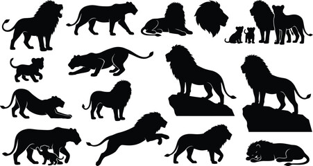 Collection of black lion silhouettes in various poses including standing, walking, jumping, and sitting on a white background for © GR Graphics