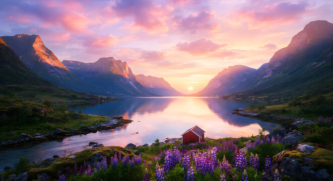 Idealized Magical Fjord Landscape at Vibrant Pastel Sunset with Reflection