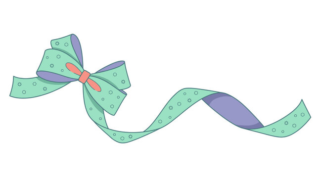 Un ruban d&eacute;coratif vert menthe avec un motif &agrave; pois et un n&oelig;ud &eacute;l&eacute;gant, illustr&eacute; dans un style dessin anim&eacute; plat sur un fond blanc pur, id&eacute;al pour les projets de design festifs.
