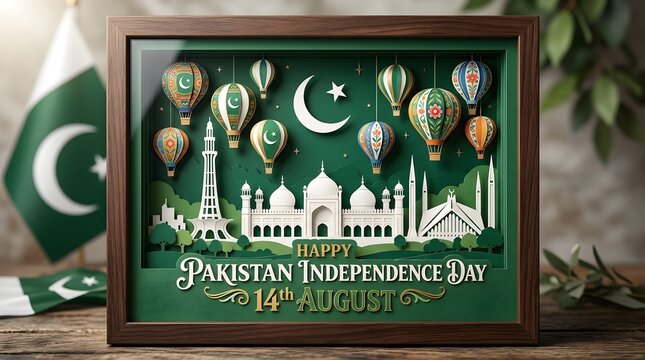 3d paper cut style illustration of pakistan independence day with landmarks and hot air balloons