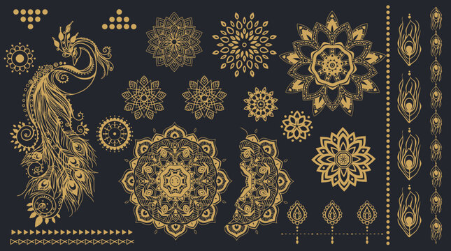 Ensemble d'&eacute;l&eacute;ments graphiques d&eacute;coratifs dor&eacute;s avec un paon orn&eacute;, des mandalas complexes et des motifs de plumes stylis&eacute;s sur un fond sombre pour des designs &eacute;l&eacute;gants.