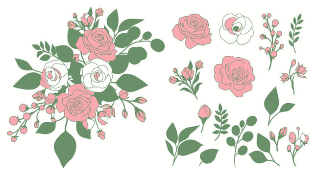 Conjunto de elementos florales de estilo lineal y plano con rosas rosadas y blancas y hojas verdes sobre fondo blanco.