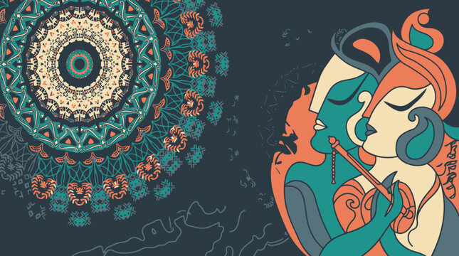 Illustration artistique de style indien repr&eacute;sentant Krishna et Radha avec une fl&ucirc;te &agrave; c&ocirc;t&eacute; d'un mandala complexe sur un fond sombre, c&eacute;l&eacute;brant la culture et la spiritualit&eacute; hindoues.