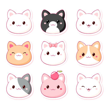 Cute badge, tag with cat in kawaii style. Sweet kitty themed сollection of cozy sticker. Digital Journaling Clipart. Vector cat set for scrapbooking, planner, pink sweet aesthetic label, tag, badge