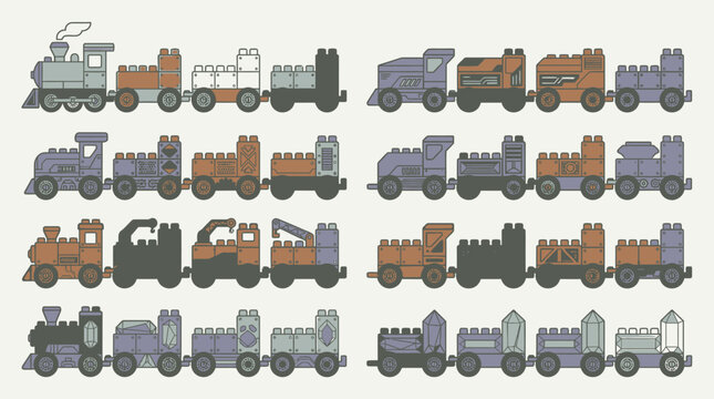 Colecci&oacute;n de trenes de juguete construidos con bloques de construcci&oacute;n de colores, dispuestos en filas sobre un fondo claro.
