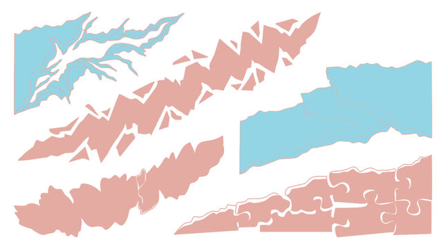 Fragmentos abstractos de color rosa y azul claro con bordes irregulares y texturas que sugieren rompecabezas rotos o capas rasgadas.