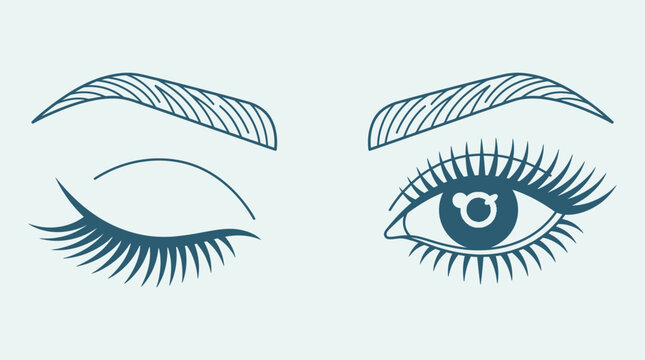 Illustration stylis&eacute;e d'un &oelig;il f&eacute;minin ouvert et d'un &oelig;il clignant, mettant en valeur les cils et les sourcils dans un style graphique &eacute;pur&eacute;.