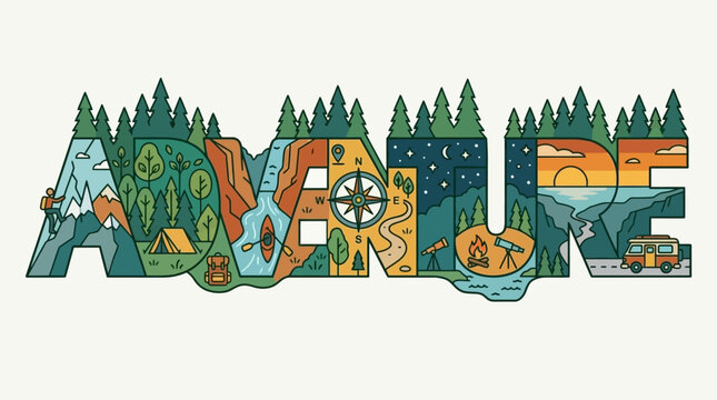 La parola AVVENTURA &egrave; illustrata con scene di vita all'aria aperta, campeggio, escursionismo e paesaggi naturali.