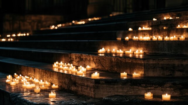 Candles illuminate stone steps at night creating a serene atmosphere