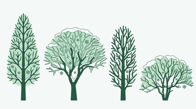 Quatre arbres stylis&eacute;s aux formes et tailles vari&eacute;es, certains couverts de neige, sur fond blanc.