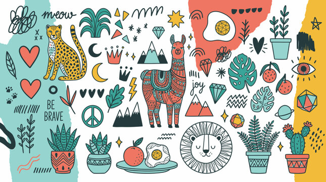 Ensemble d'illustrations fantaisistes et color&eacute;es avec des animaux, des plantes et des symboles sur fond blanc, parfait pour des designs cr&eacute;atifs.