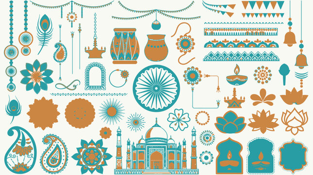 Conjunto de elementos decorativos vetoriais com tem&aacute;tica indiana, incluindo Taj Mahal, padr&otilde;es de mandala, flores de l&oacute;tus, l&acirc;mpadas diya, penas de pav&atilde;o e ornamentos tradicionais em tons de azul e