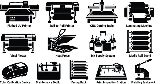 Large Format Printing Equipment Silhouette Icon Set Featuring Commercial Print Production and Finishing Machines