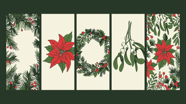 Conjunto de cinco ilustra&ccedil;&otilde;es bot&acirc;nicas de Natal com poins&eacute;tias, guirlandas, visco e ramos de pinheiro, apresentando um design elegante e festivo para cart&otilde;es de fim de ano.