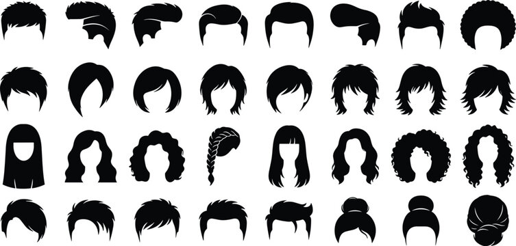 Men and Women Hairstyles Silhouette Icon Set Featuring Modern Haircuts Long Short Curly and Braided Styles