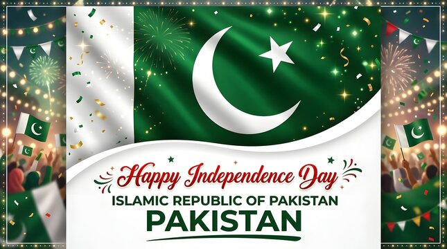 Happy independence day of pakistan celebration background with national flag, fireworks and festive decorations