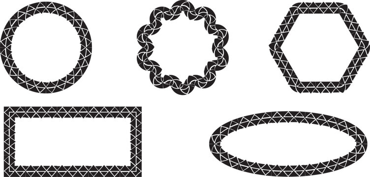 Set of five geometric frames with interlocking triangle mesh patterns triangle geometric collection rectangle scalloped monochrome ornamental background template abstract