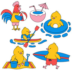 Cute summer rooster and chick coloring page collection with coconut drink pool float and beach activities cartoon vector set  © Aryan  ali