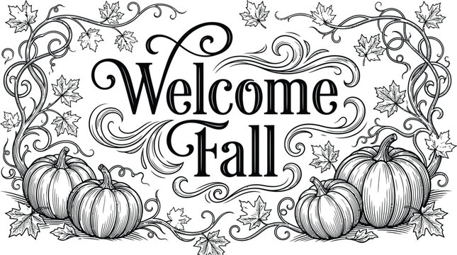 Welcome fall silhouette vintage pumpkin and maple leaf autumnal design