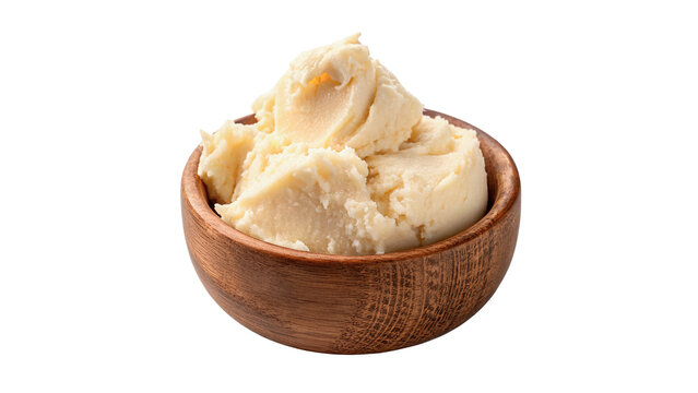 Small wooden bowl filled with natural organic shea butter cream isolated on transparent background