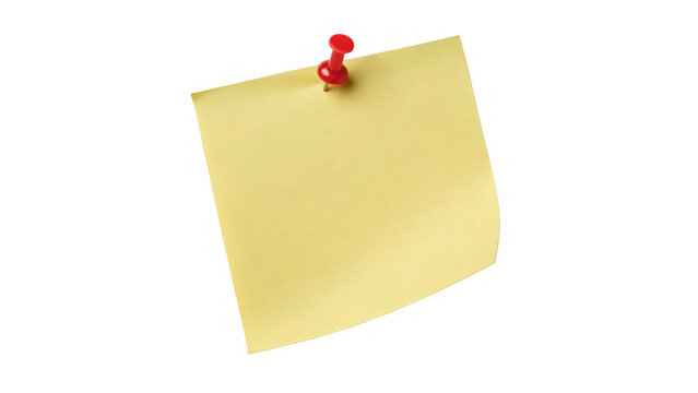 Yellow sticky note paper with a red push pin isolated on transparent background