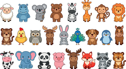Cute baby animals cartoon vector illustration collection set featuring a lion giraffe panda monkey elephant and penguin for kids nursery sticker sheets. © MstBizly