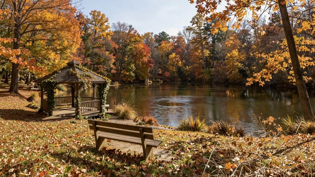 A serene autumn landscape featuring a wooden gazebo and bench beside a calm pond, surrounded by vibrant fall foliage in Chelmsford, Massachusetts.