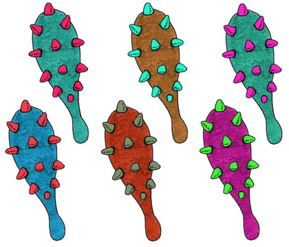 Colorful goblin club weapons vector set, multicolor spiky ogre mace bundle hand-drawn colored pencil illustration for Halloween monster character creator, isolated on transparent background.