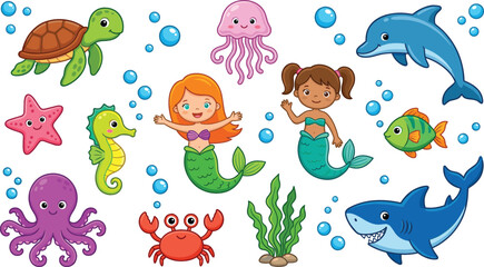 Cute cartoon mermaids and sea animals vector illustration set featuring turtle dolphin shark octopus seahorse jellyfish crab and water bubbles isolated on white background © Rumi