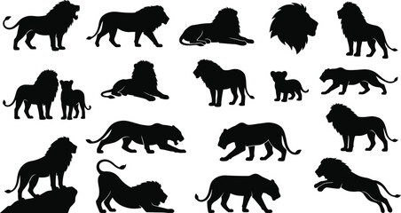 Detailed black lion silhouettes showing various poses like standing, stalking, and resting isolated on a white background, for projects © GR Graphics