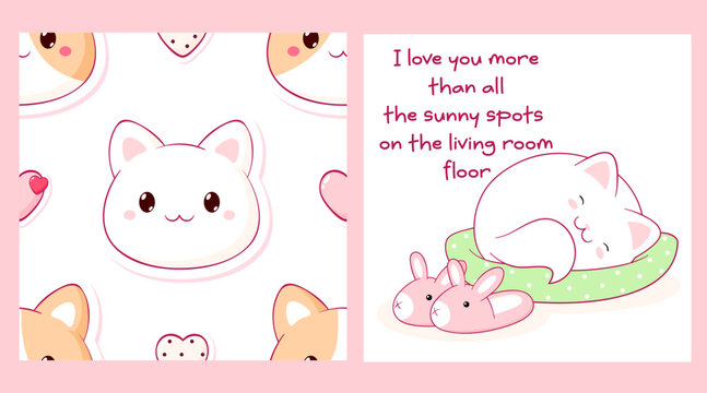 Vector set of seamless pattern and one print with cute cat and heart. Sweet kitty themed cozy repeating design. Endless texture can be used for pattern fills, t-shirt print, fabric, scrapbooking paper