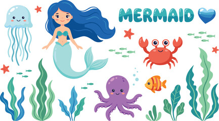Cute mermaid cartoon vector illustration character set featuring magical blue hair siren with jellyfish crab octopus fish seaweed and typography text isolated on white background © Rumi