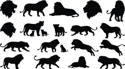 Diverse black lion silhouettes in multiple poses including roaring, walking, and sitting isolated on a white background, for use © GR Graphics