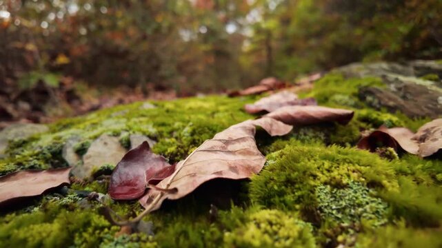 Lush green moss and fallen leaves fill the frame as the camera pulls back.