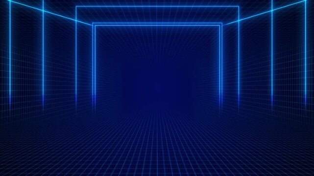Blue neon grid tunnel background glowing rectangles, perspective lines, dark empty center, futuristic digital space. 19 , cyber intros, virtual rooms, data visuals, gaming screens, motion