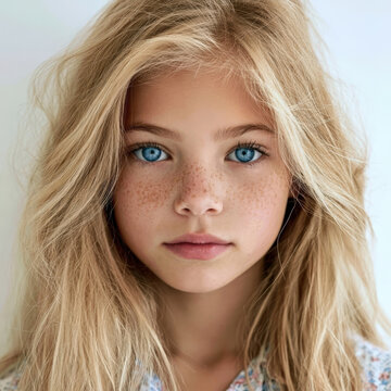 Portrait of young girl with blonde hair, blue eyes and freckles against white background
