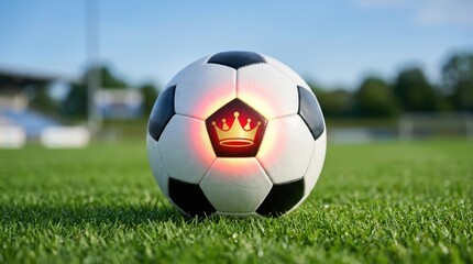 Fototapeta premium A soccer ball with a crown emblem sits on a grassy field, symbolizing championship and royalty in sports