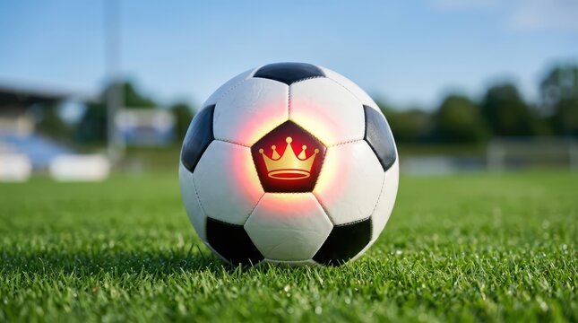 A soccer ball with a crown emblem sits on a grassy field, symbolizing championship and royalty in sports