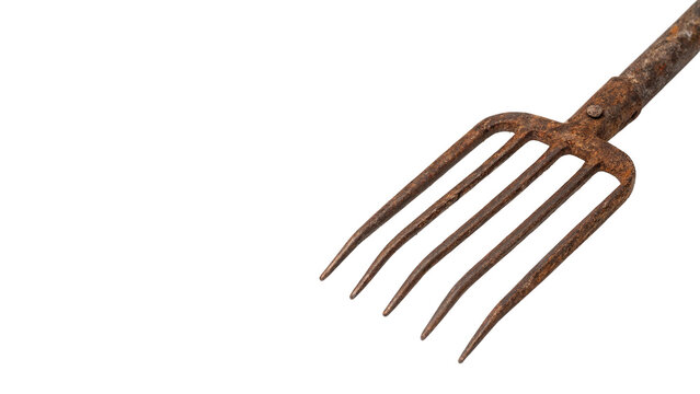 Vintage rusty iron agricultural pitchfork tool with wooden handle isolated on transparent background